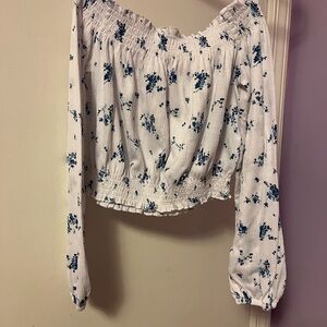 H&M White and Blue Floral Off-Shoulder Blouse